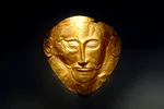 The gold burial mask of known as the Mask of Agamemnon, on display in Athens