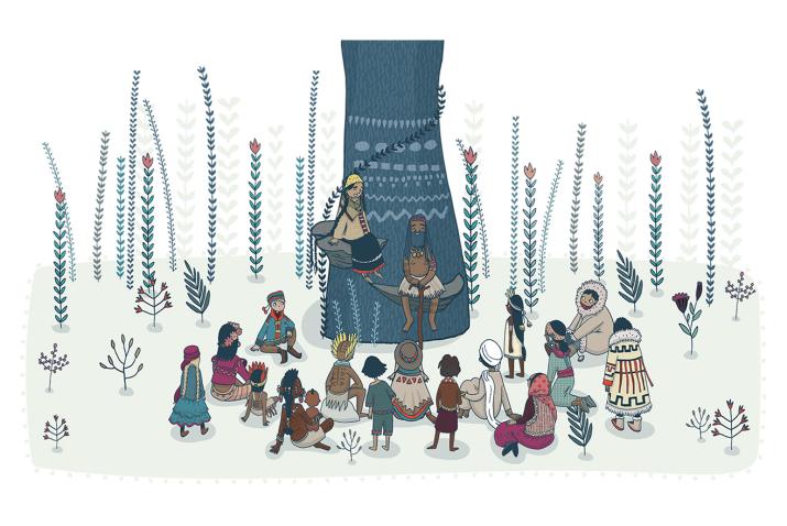 Cartoon of an Indigenous leader talking to other Indigenous Peoples under a tree