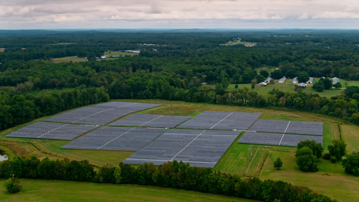 Drone shot of a solar farm on the edge of Liberty, a small town in Randolph County, North Carolina.